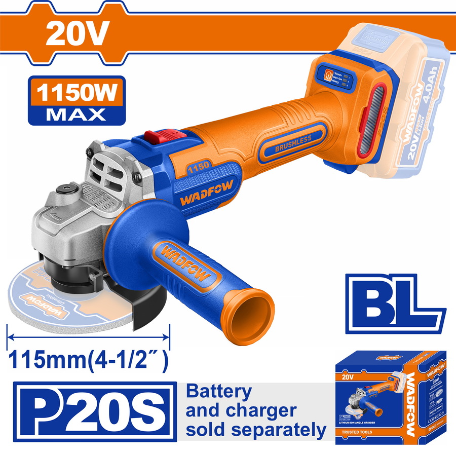 WADFOW ΓΩΝΙΑΚΟΣ ΤΡΟΧΟΣ 115mm ΜΠΑΤ. Li-ion 20V ΧΩΡΙΣ ΜΠΑΤΑΡΙΑ & ΦΟΡΤΙΣΤΗ (WLAPB520) - 