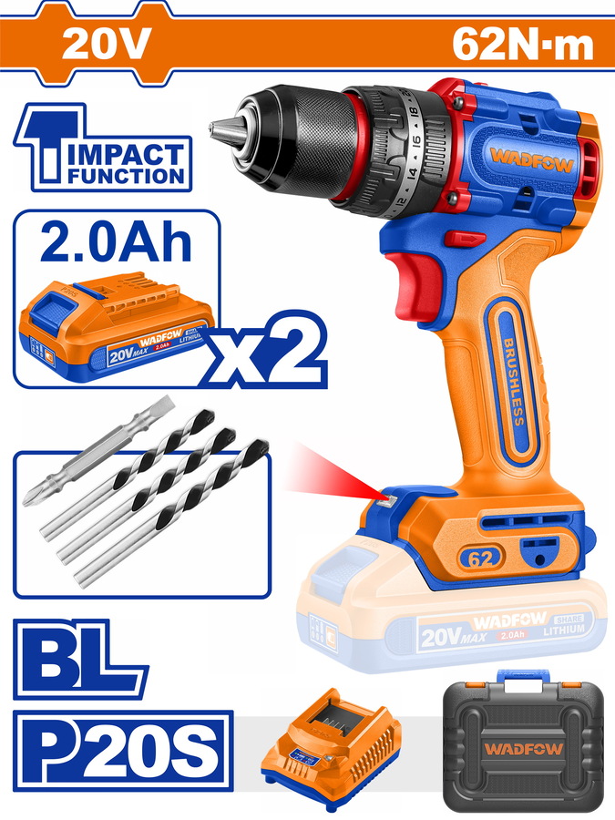 WADFOW ΔΡΑΠ/ΒΙΔΟ ΚΡΟΥΣΤΙΚΟ ΜΠΑΤ. Li-ion 20V / 62Nm / 2Ah / 2 ΜΠΑΤ BL Motor (WCDP6281E) - 