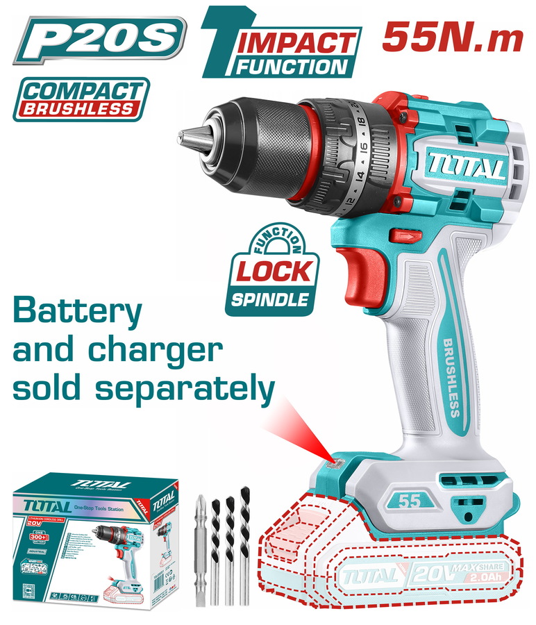 TOTAL ΕΠΑΓΓ. ΔΡΑΠΑΝΟΚΑΤΣΑΒΙΔΟ ΚΡΟΥΣΤΙΚΟ ΜΠΑΤ. Li-ion 20V / 55Nm BL Motor (TIDLI205581) - 