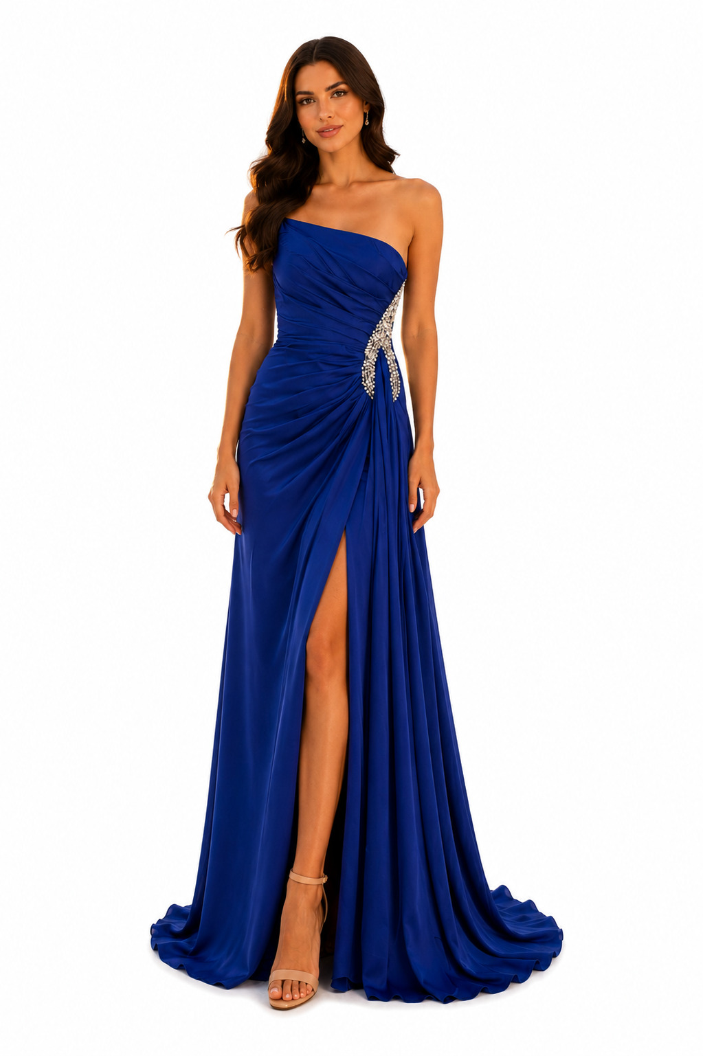 Marevia - Strapless Maxi Φόρεμα με Drapé Σχέδιο και Strass - Μπλε Ρουά