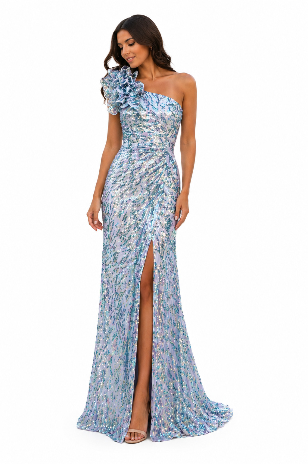 Billie - Αιθέρια Λάμψη – Maxi Φόρεμα με Παγιέτες & Floral Ώμο - Γαλάζιο