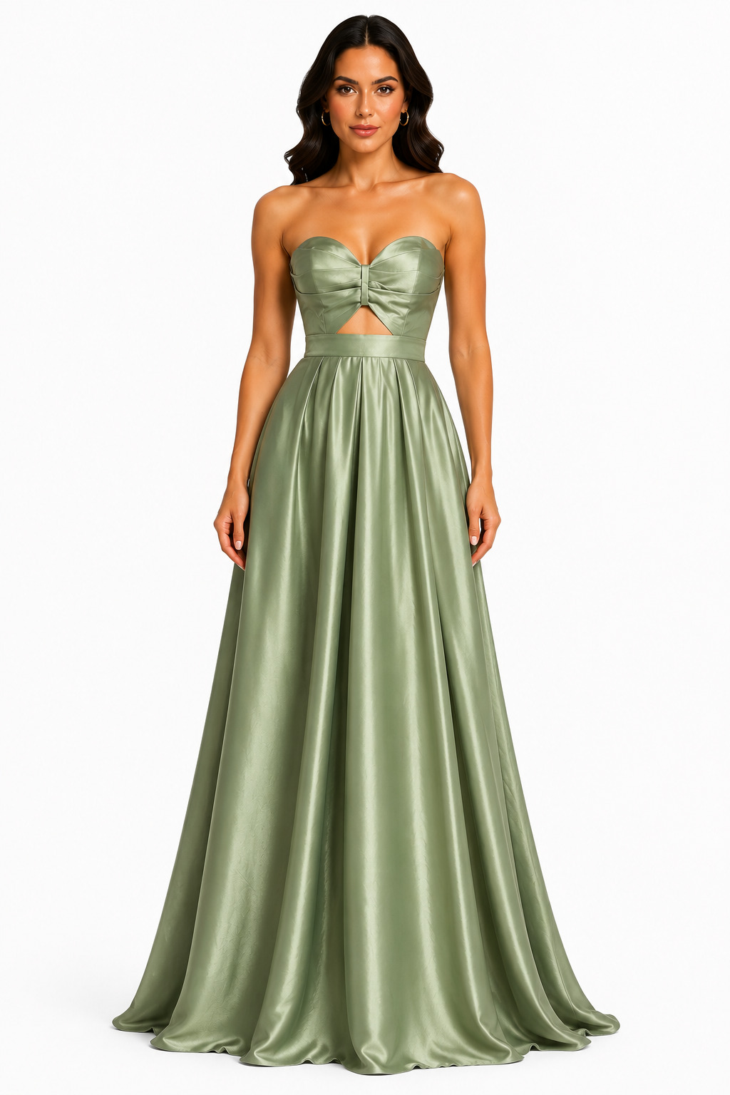 Grace - Maxi Σατέν Στράπλες Φόρεμα με Cut-Out & Αέρινη Α-Line Φούστα - Πράσινο